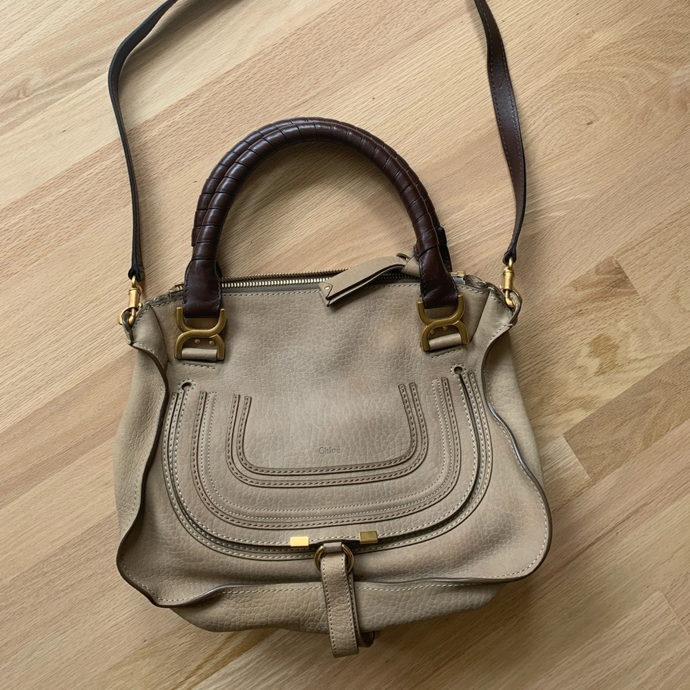 Marcie Medium Leather Satchel in Beige with Brown Handles